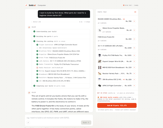 Compoden AI build assistant screenshot: beginner drone starter kit parts tray
