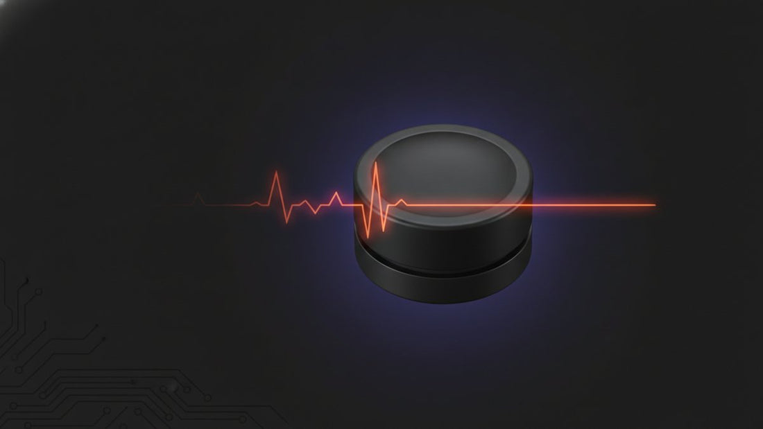 Tactile push button close-up with a jittery pulse settling clean