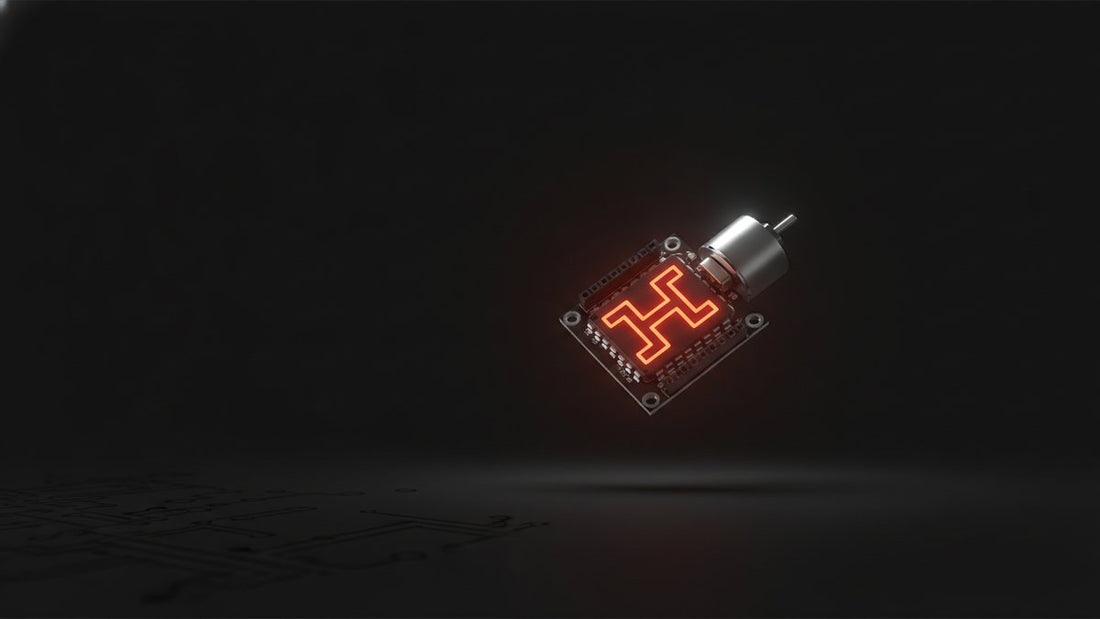 L298N motor driver with a small DC motor and glowing H-shaped trace