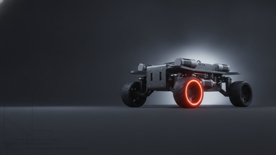 Four wheel robot chassis at a low angle with a glowing wheel rim