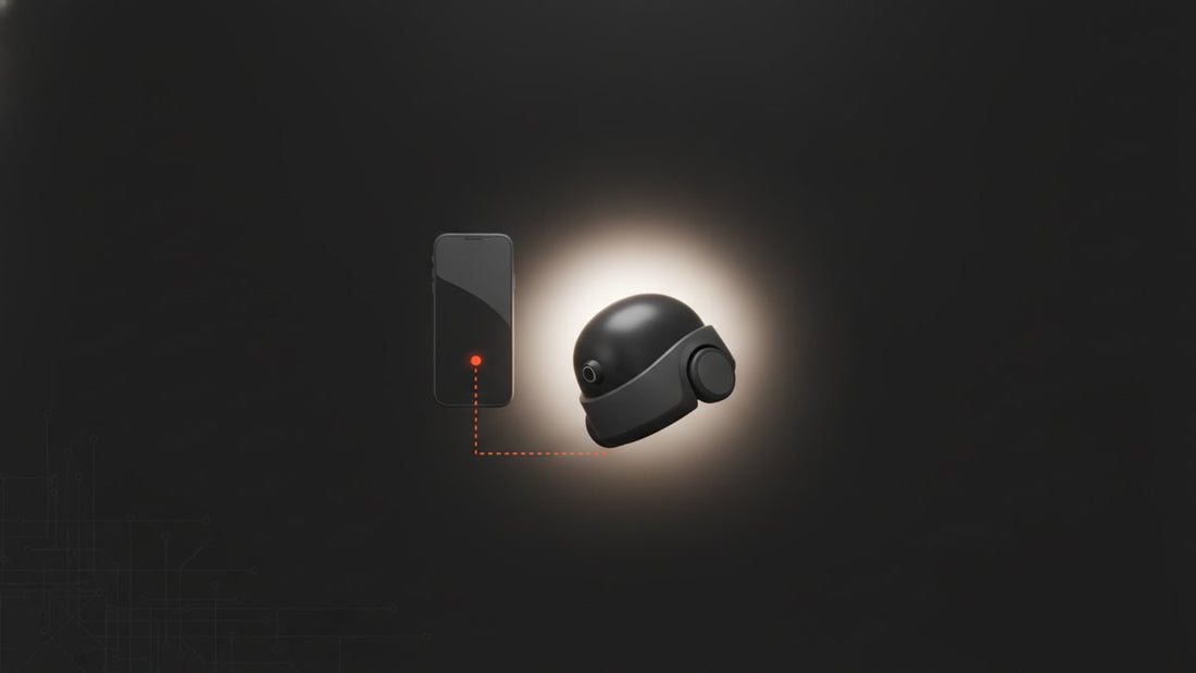 Small robot car with a phone silhouette and glowing dotted link