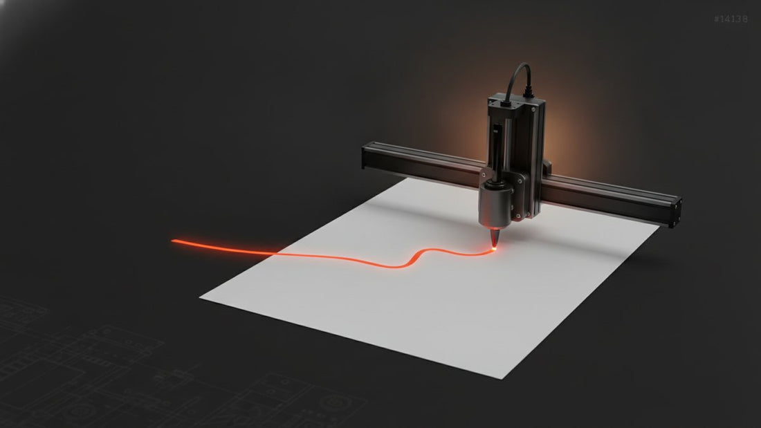 CNC plotter gantry holding a pen over paper with a glowing stroke