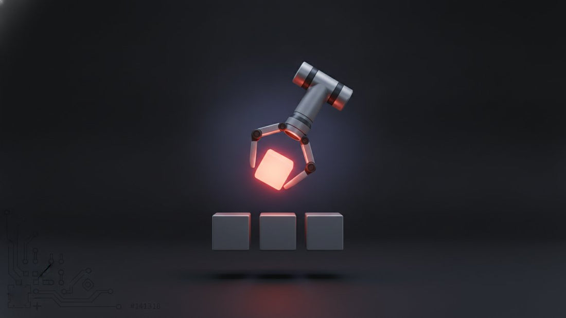 Small robotic arm over three cubes, one glowing under the gripper