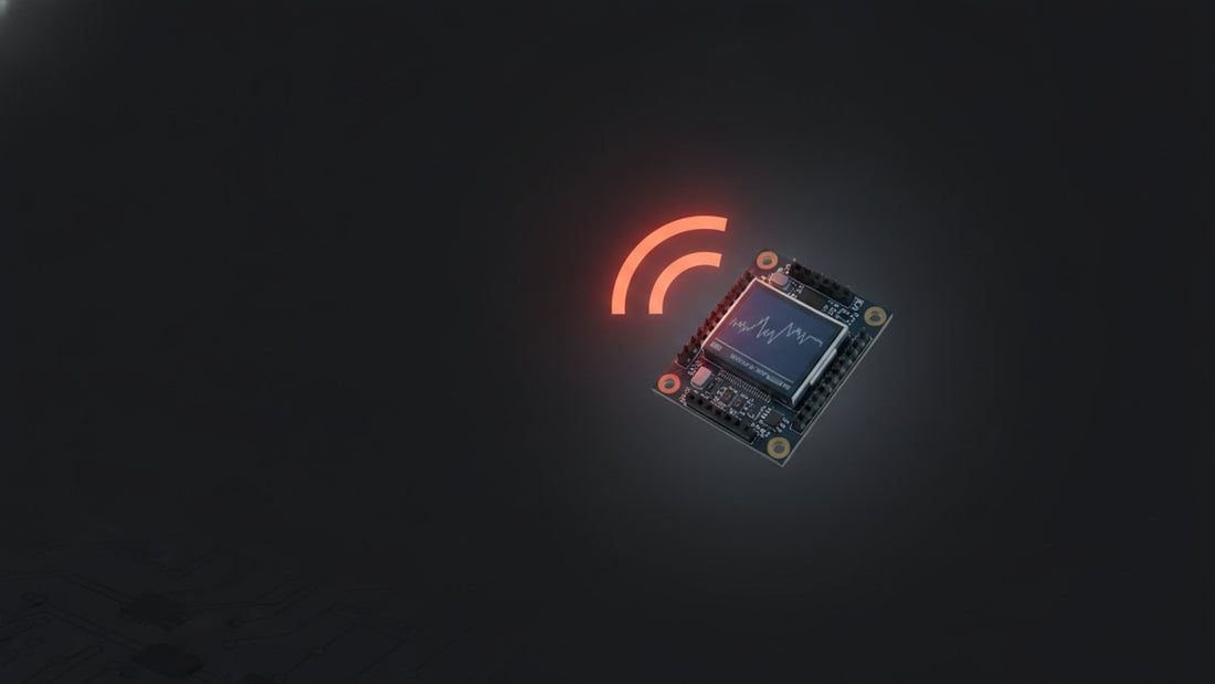 ESP32 board with OLED display and a glowing WiFi arc
