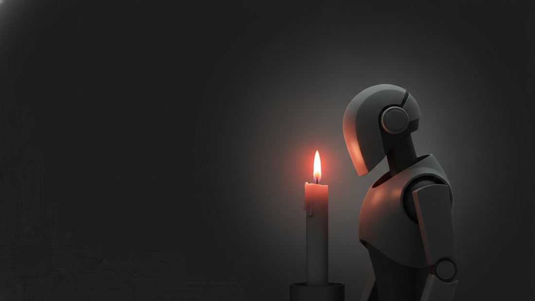 Small robot facing a single candle flame on dark background