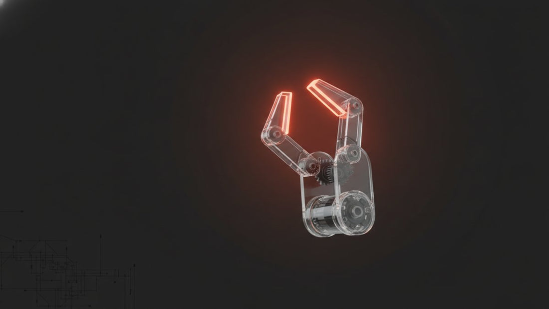 Acrylic robotic gripper arm with open jaws, glowing edge