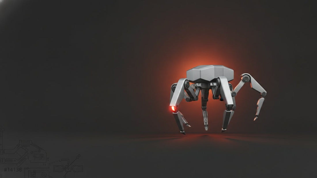 Six-legged hexapod robot in mid-stride with a glowing leg joint