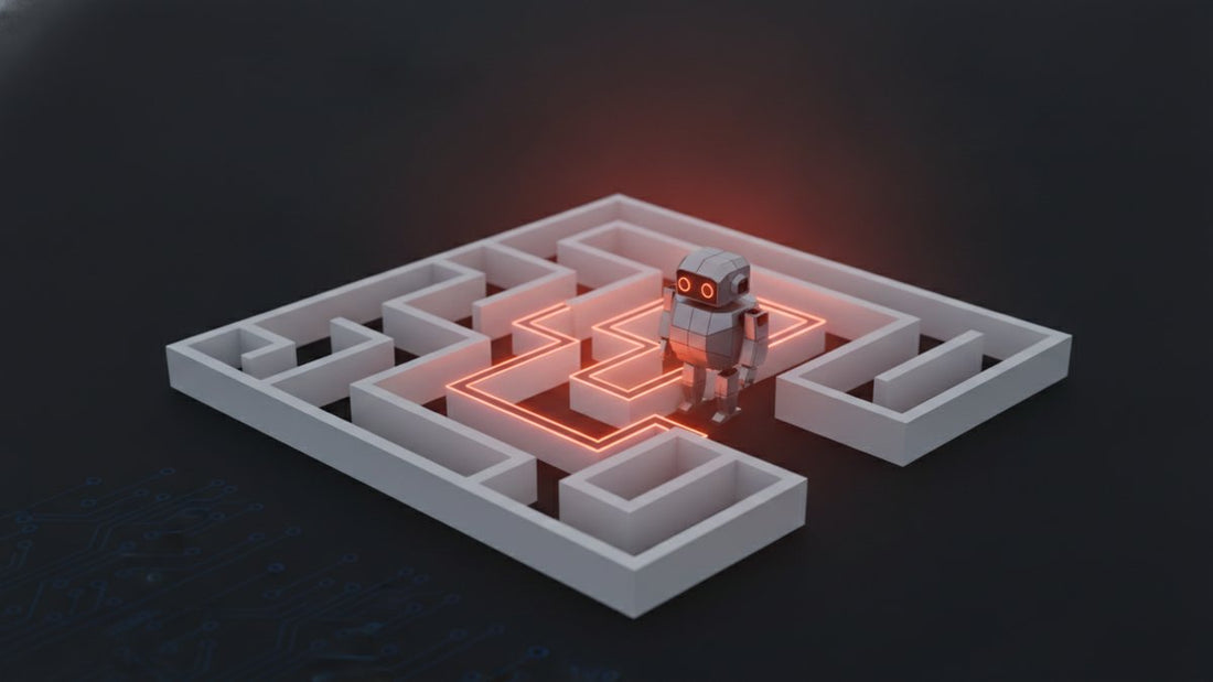 Small robot at a maze entrance with a glowing path through it