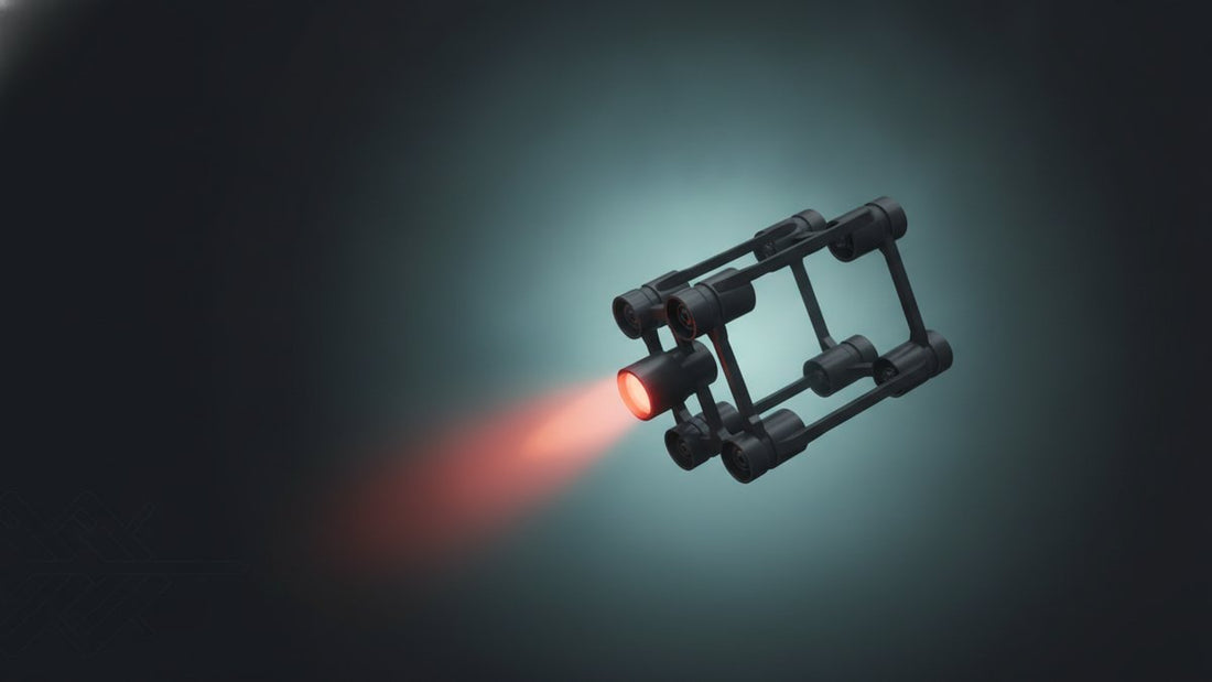 Underwater ROV frame with thrusters and glowing thruster wash