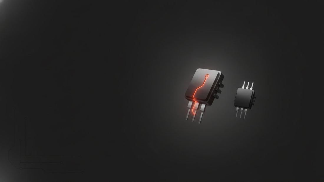 MOSFET and BJT transistor facing each other on dark background