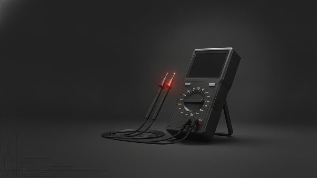 Digital multimeter with probes on dark background