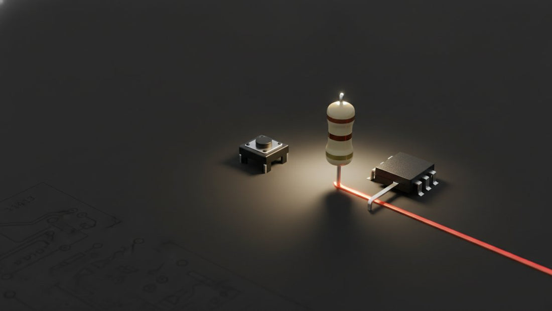 Resistor between a push button and a microcontroller pin on dark background