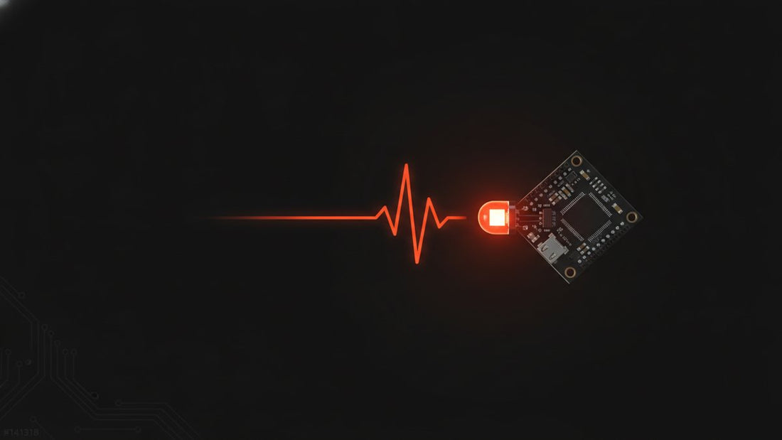 Half-lit LED with a pulse waveform beside a microcontroller board