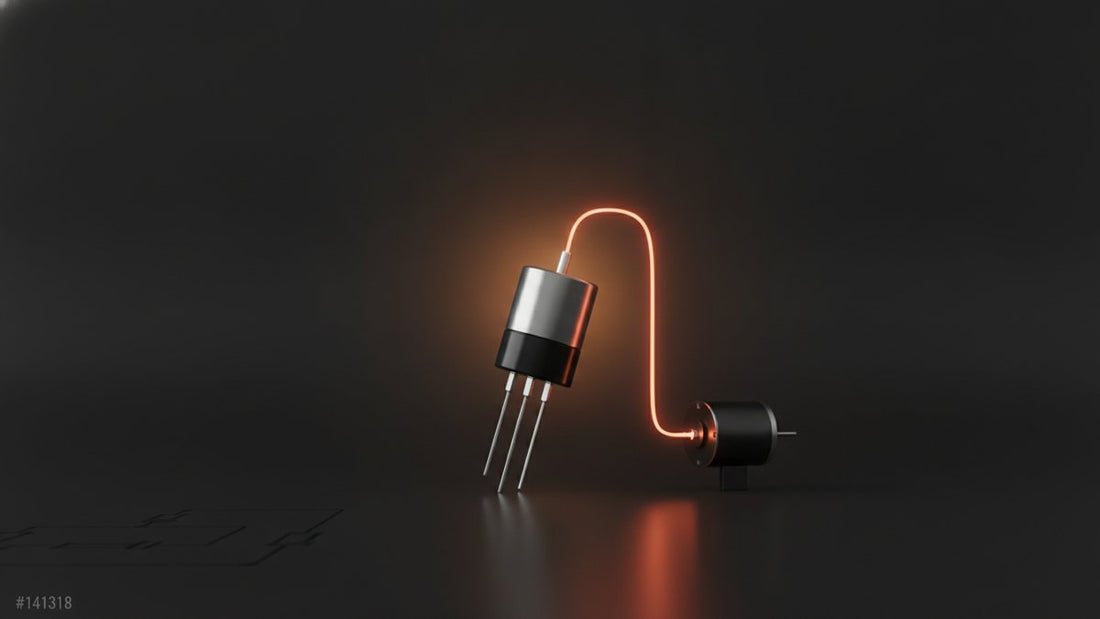 NPN transistor with a glowing collector wire arcing to a small motor