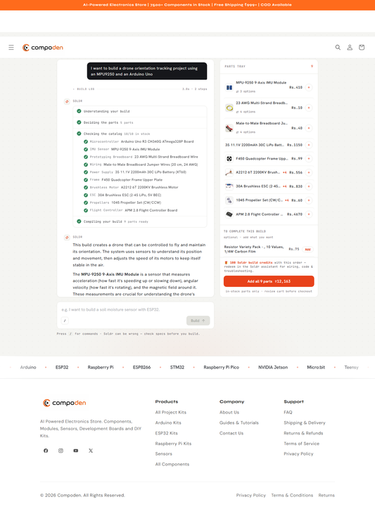 Compoden AI build assistant screenshot: MPU9250 drone orientation build with parts tray